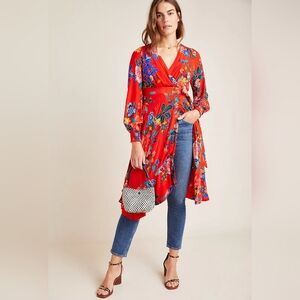 Anthropologie Viscose Boswell Textured Wrap Floral Tunic Lined Midi Dress NWOT